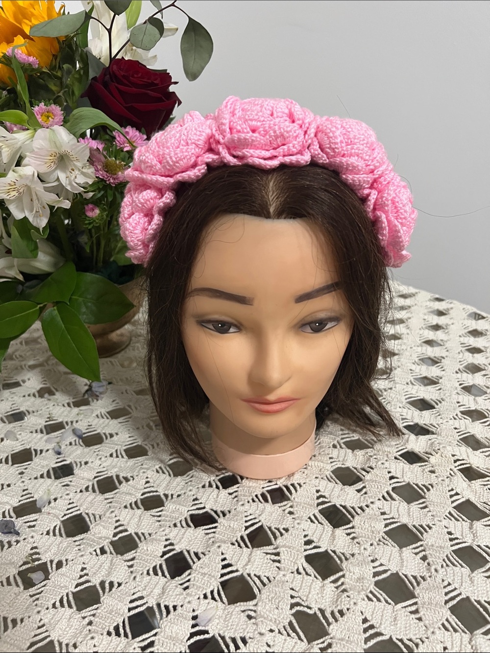 Crocheted Pink Floral Headband